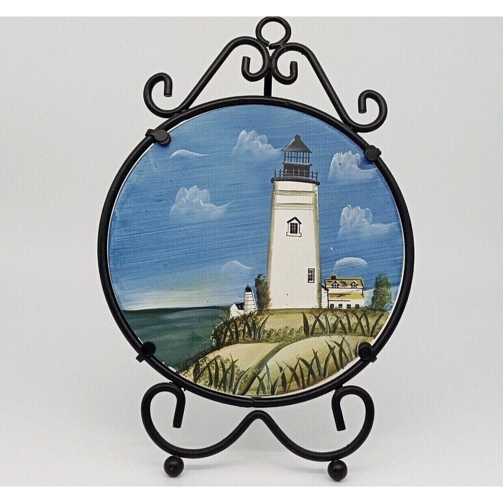 Lighthouse Glass Picture Hand Painted Black Metal Frame Easel Nautical Decor